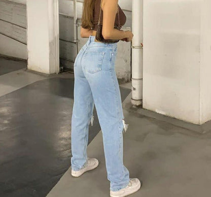 Womens Loose Fit Jeans Ripped Wide Leg For Women High Waist Blue Wash Casual Cotton Denim Trousers Summer Baggy Jean Pants