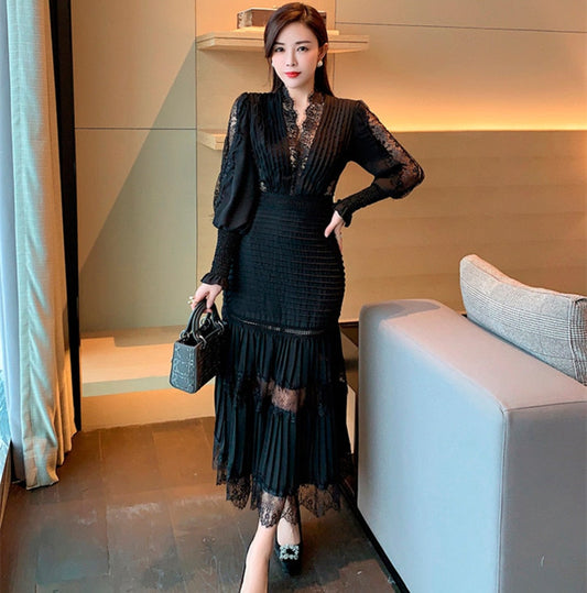 Sixsr Fashion Runway Women Pleated Party Dress Spring Sexy V Neck Lantern Sleeve Chiffon Patchwork Lace Bodycon Slim Long Dress