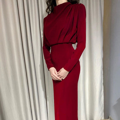 New Fashion Solid Party Dress Women Elegant Stand Collar Pleated Slim Long Dresses Lady Autumn Spring Casual Commute Dress