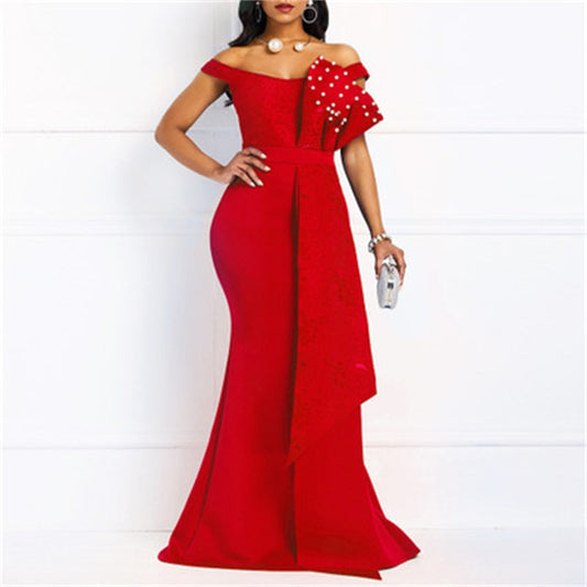 sixsr High Quality Summer New Red Elegant Women Party Dresses Sexy Low Cut Mermaid Beaded Lace Embroidery Wedding Evening Floor-Length Dress