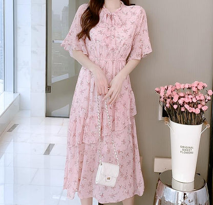 Sixsr Women Mini Dress Spring New V-neck Floral Chiffon Dress High Waist Flare Sleeve Female Dress Woman's Dress KarolyiDora KA88