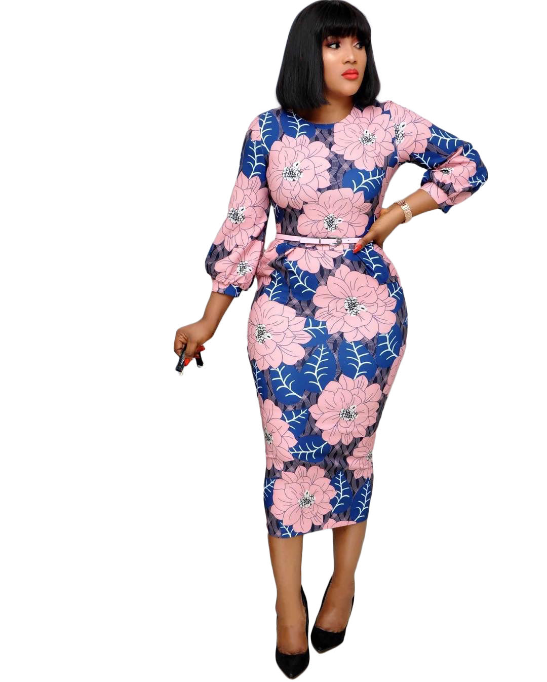 Sixsr Women Bodycon Printed Dress Three Quarter Sleeves Midi Office Ladies Work Wear Elegant Classy Vestidos African Female Plus Size