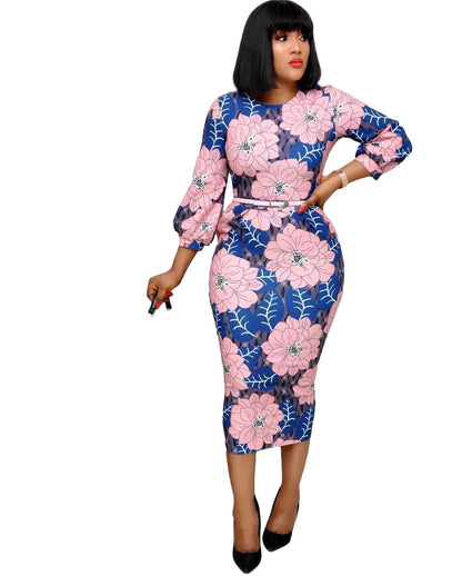 Sixsr Women Bodycon Printed Dress Three Quarter Sleeves Midi Office Ladies Work Wear Elegant Classy Vestidos African Female Plus Size