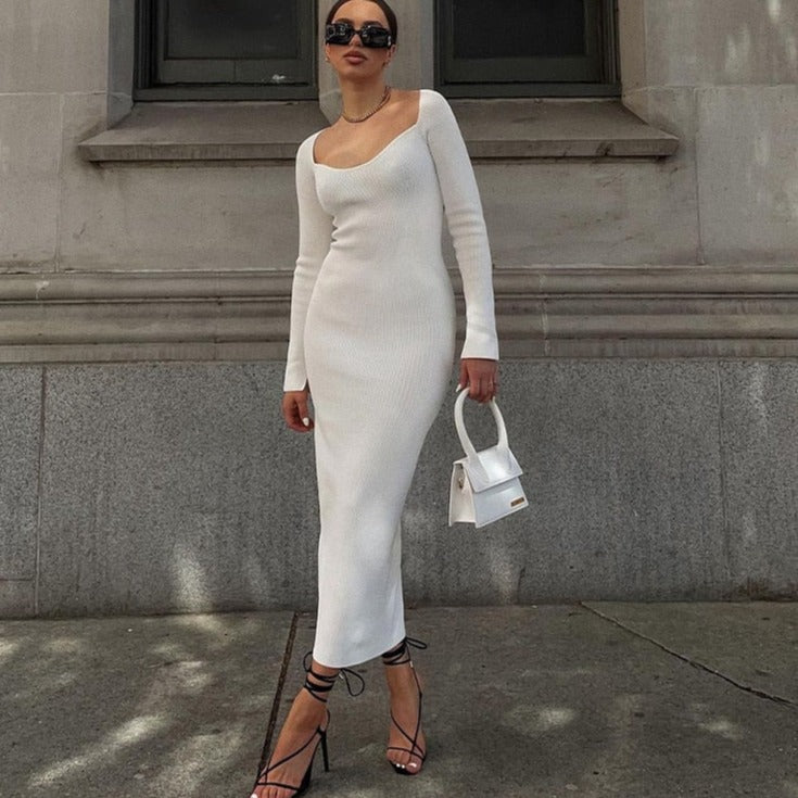 Sixsr Bodycon Knitted Women Sweater Dress Long Sleeve Sexy Off Shoulder Split Elegant Party Dresses Fashion Autumn Winter