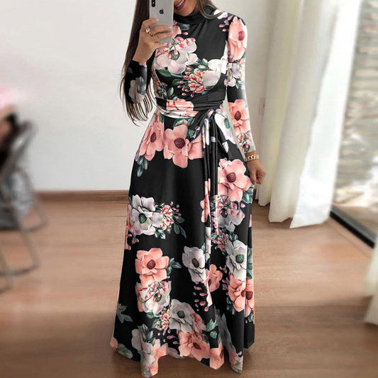 Flower Print Long Sleeve Maxi Dress Spring Autumn Casual Slim Sashes Long Dress Women Elegant Robe Party Dresses Plus Size S-5XL