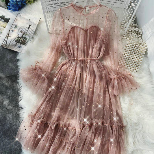 New Female O-neck Stars Sequined Mesh Shiny Fairy Dress Women Elegant Bling Gauze Princess Puff Dresses Vestidos De Fiesta