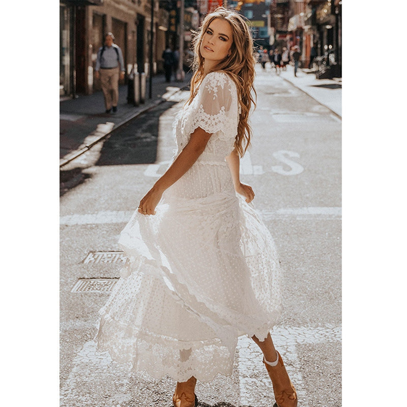 Sixsr Hollow Out White Dress Sexy Women Long Lace Dress Cross Semi-Sheer Plunge V-Neck Short Sleeve Lace Maxi Dress