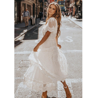 Sixsr Hollow Out White Dress Sexy Women Long Lace Dress Cross Semi-Sheer Plunge V-Neck Short Sleeve Lace Maxi Dress