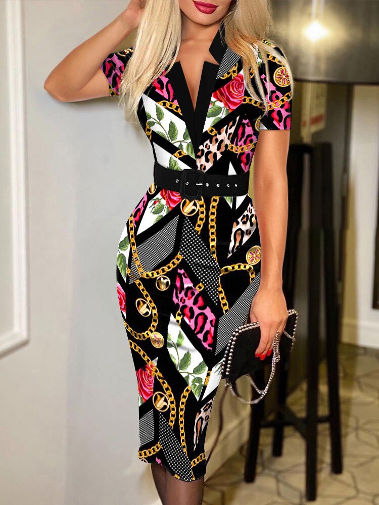 Sixsr Dresses For Women Long Sleeve Floral Print Tie Front Work Dress With Belt Midi Vestidos De Mujer Casual