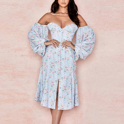 Sixsr Vintage Solid Button Midi Dress Sexy Party Club Bodycon Strapless High Split Dresses Women Spring Autumn Casual Vestidos