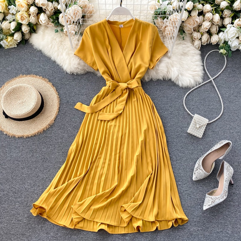 SINGRAIN High Quality Solid Pleated Dress Women V neck Short Sleeves Sashes Long Dresses Summer Streetwear Vintage Vestidos