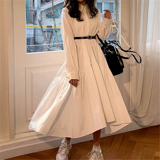 Sixsr  Women Dress Long Sleeve Spring Autumn Vintage Designer Collar Lapel Button Up Ruched Ruffles Cotton White Dresses Female Clothes