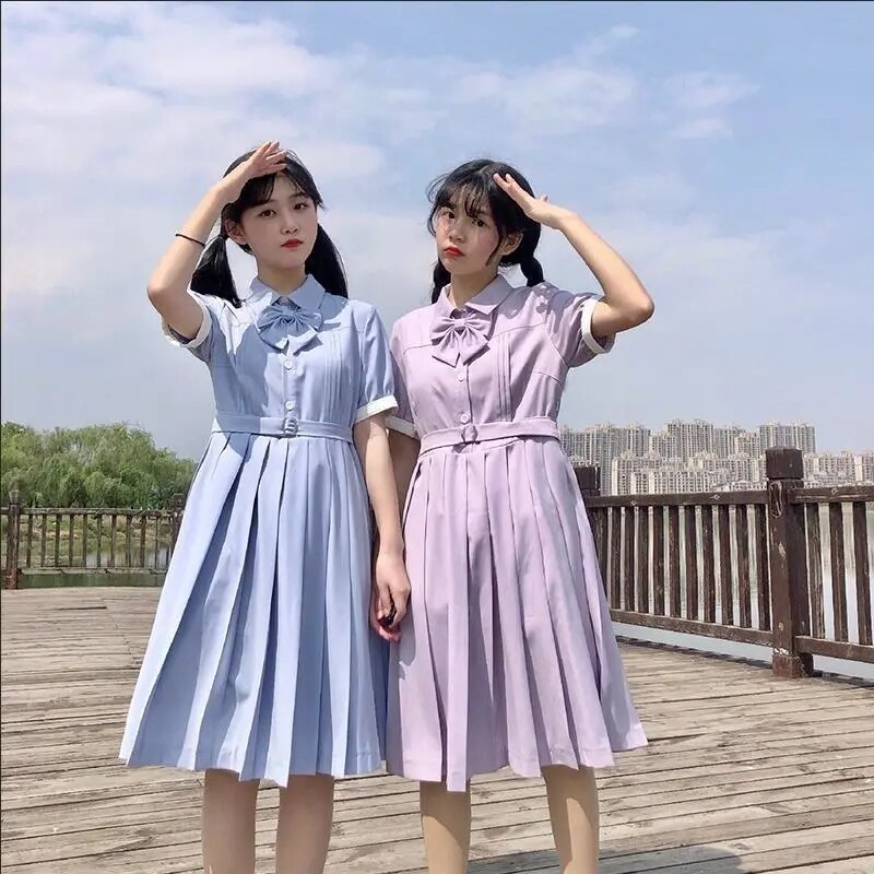 Sixsr Harajuku Sailor Collar Navy Dress Japanese Lolita Sweet Bow-knot Girl Retro Cotton Kawaii Preppy Style Short Sleeve Dress Women