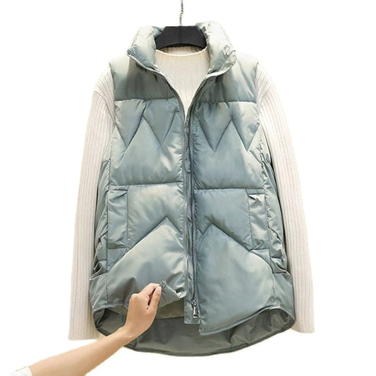 Sixsr Autumn Winter Down Cotton Soild Women's Vest Short Style New Slim Fashion Stand-up Collar White Jacket Sleeveless Vest