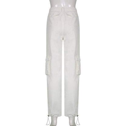 Sixsr  Women Spring Fashion Multi Pockets White Cargo Pants Women Adjustable Low Waist Baggy Wide Leg Jeans Oversized Casual Trousers Retro Bottoms Iamhotty