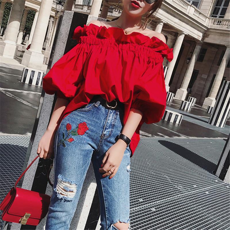 Ruffles Fashion Woman Blouse Off the shoulder Youth Elegnat Blouses Luxury Tops Designer Puff sleeve Korean New