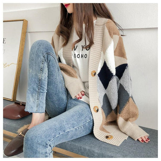 Sixsr Womens Fashion Spring Winter Women's Plaid Plus Velvet Warm Knitted Sweaters Cardigans Long Sleeve Checkered Coat Oversize Sweater Jackets