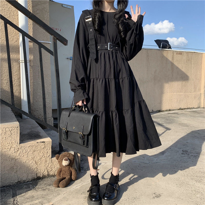 Sixsr Gothic Style Dress Women Harajuku Gothic Lolita Kawaii Dress Punk Cute Long Sleeve Black Midi Dress Emo Mall Goth