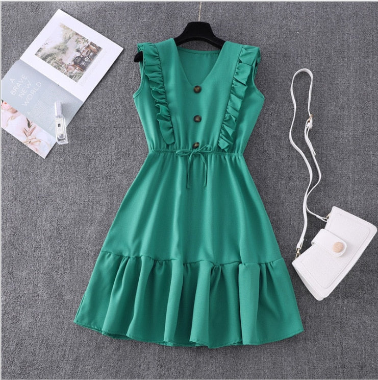 Women Summer Dress Casual Boho Beach Ruffles Mini Dress Party Sexy V-Neck High Waist Female Dresses