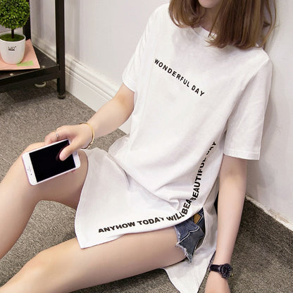 Sixsr  Fashion Trends Plus size Wonderful Day Print Long T shirts Summer Women Loose Slit Femme Tops Cotton Tshirt Short sleeve Ladies t-shirt