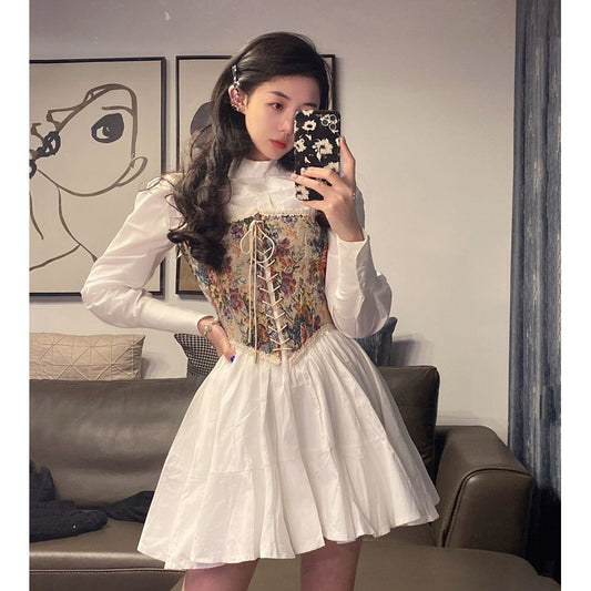 Korean Vintage Kawali Dress Women Elegant Casual Summer Print Floral Mini Dress Female Pretty Party Bandage Holiday Dress