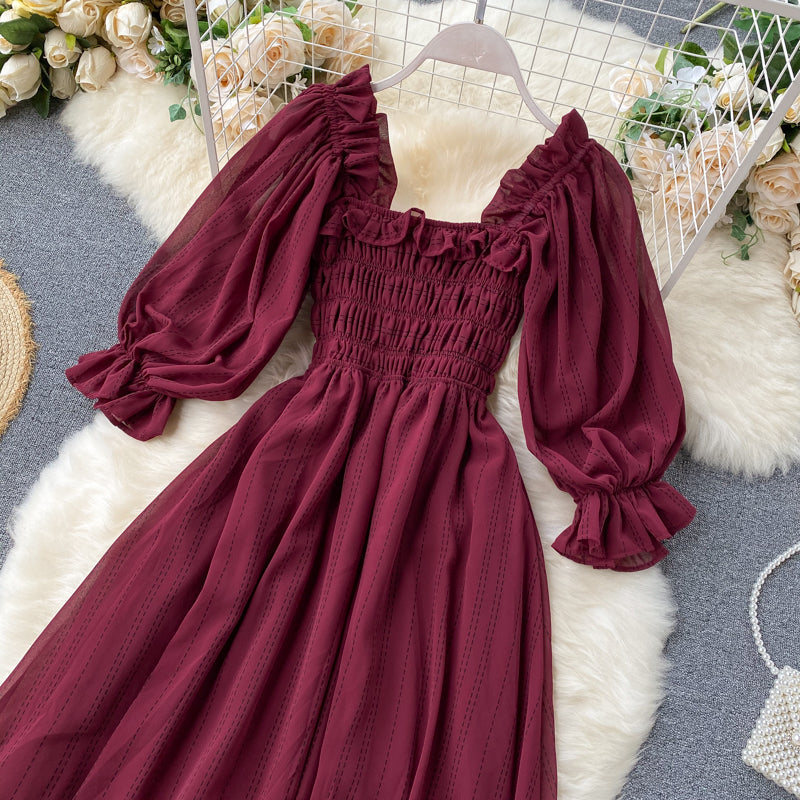 Sixsr Summer Beach Chiffon Long Dress Elegant Solid Lantern Sleeve High Waist Women Maxi Dress Party Club Ladies Vestidos New