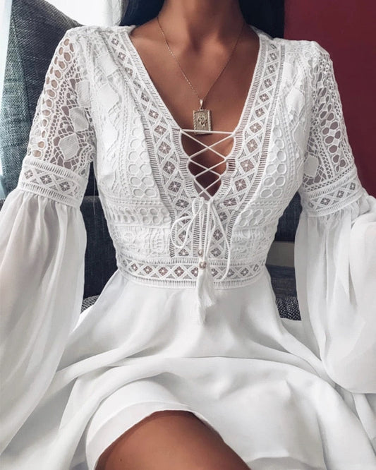 Sixsr Sexy Crochet Lace V-Neck Mini Dress Summer Flare Sleeve Chiffon Beach Sundress Elegant Women Dress Party Sexi