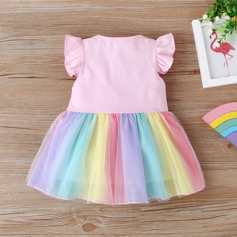 Sixsr New Summer Baby Girls Tutu Dress Children Party Little Girl Kids Clothes Flying Sleeve Princess Rainbow Patchwork Outfits Dress