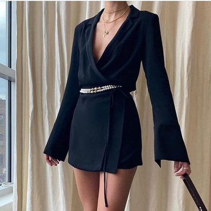 Sixsr Black Satin V-Neck Shirt Dress Women Autumn Winter Flare Sleeve Lace Up Mini Dresses Elegant Ladies Party Vestidos