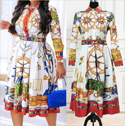 Sixsr Loose Casual Dress Printed Long Sleeve Dress Fashion Dresses for Women England Pleated Squsre Collar Dress