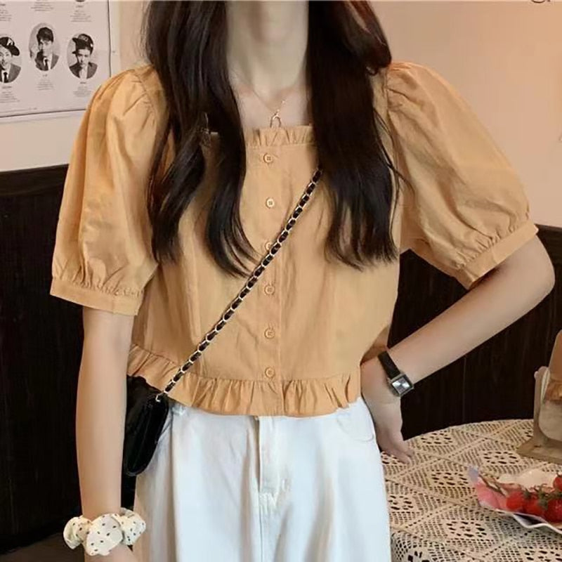 Ruffles Cute Shirt Women Button Up Shirt Summer Blouse  High Waist Puff Sleeve Crop Top Pretty White Youth Clothing Elegant