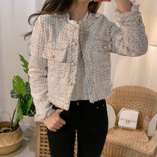 sixsr  Trends New Autumn Women Single-Breasted Tweed Jacket High Quality Female Elegant Korean Chic Short Coat