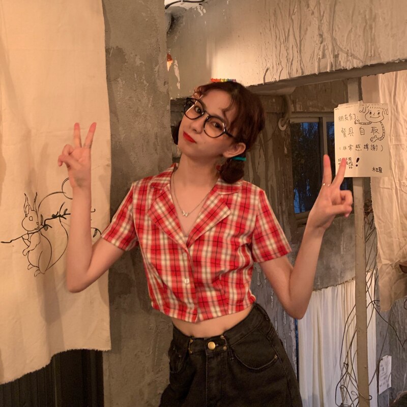 Summer blouse women vintage crop shirt streetwear plaid ladies tops elegant button up shirt korean crop top red