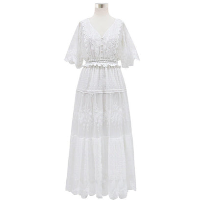 Sixsr Hollow Out White Dress Sexy Women Long Lace Dress Cross Semi-Sheer Plunge V-Neck Short Sleeve Lace Maxi Dress