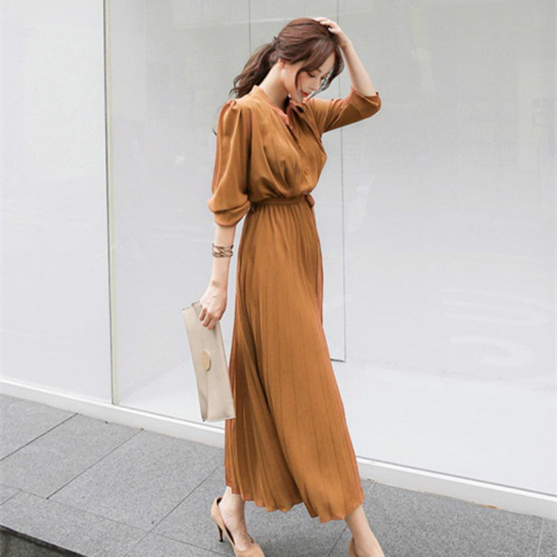 Women's Dress Spring Pleated Fashion New Plaid Slim High Wasit Long Temperament Office Female Dresses Long Sleeve Casual