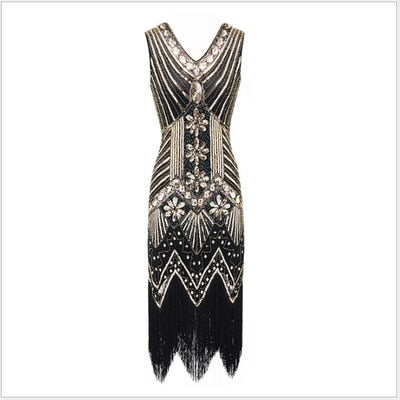 1920s Vintage Flapper Great Gatsby Party Dress V-Neck Sleeveless Sequin Beaded style Style Tassel Flapper Vestidos Feminina 1920