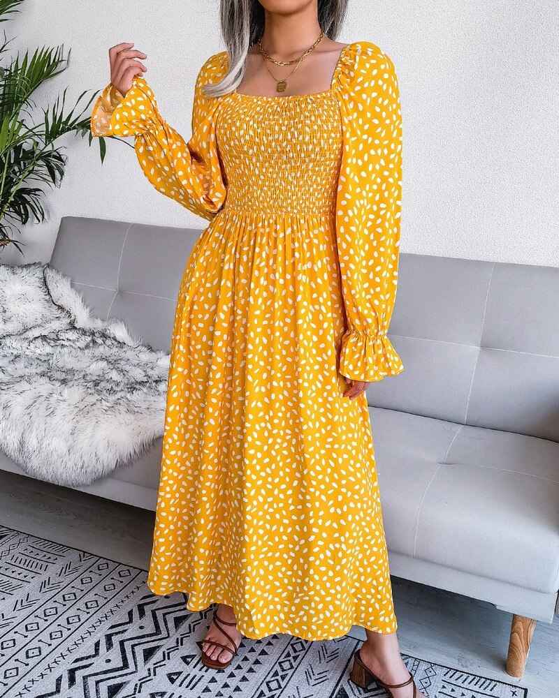 Sixsr Fashion New Print Square Collar Chiffon Dress Women Elegant Pleated Loose Dress Women Puff Sleeve Party Dresses for Women Robes 18123