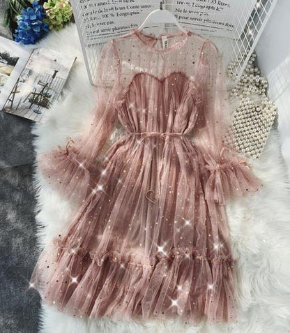 New Female O-neck Stars Sequined Mesh Shiny Fairy Dress Women Elegant Bling Gauze Princess Puff Dresses Vestidos De Fiesta