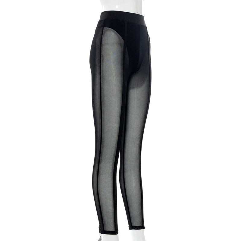 Sixsr New Sexy See-through Black High Waist Long Trousers Casual Sweatpants Women Autumn Elastic Pencil Pants Mesh Leggings