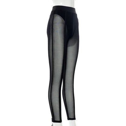 Sixsr New Sexy See-through Black High Waist Long Trousers Casual Sweatpants Women Autumn Elastic Pencil Pants Mesh Leggings