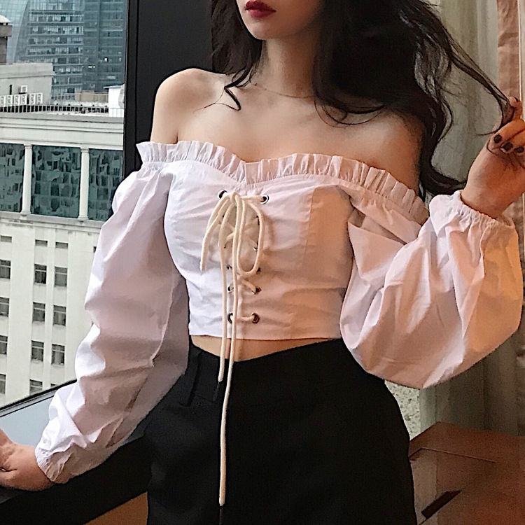 Sixsr Womens Off Shoulder Top Long Sleeve Ruffle Vintage Blouse With Puff Sleeves Lace Up Ladies Tops Bandage Crop Tops Black White