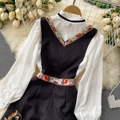 Sixsr Spring Autumn Elegant 2 Piece Set Overalls Dress Women Bow Collar White Shirt Top+ Irregular Flower Print V-Neck Vest Dress