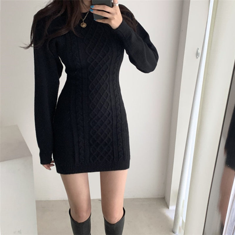 Fashion Hollow Out Waist Sweater Dress Women Autumn Winter High Elastic Twist Knitted Dress Casual Bodycon Mini Dress 3 Colors