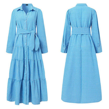 Sixsr Spring Shirt Dress Women Long Sleeve Party Dresses Casual Lapel Button Vintage Belted Pockets Sundress Plaid Printed Robes