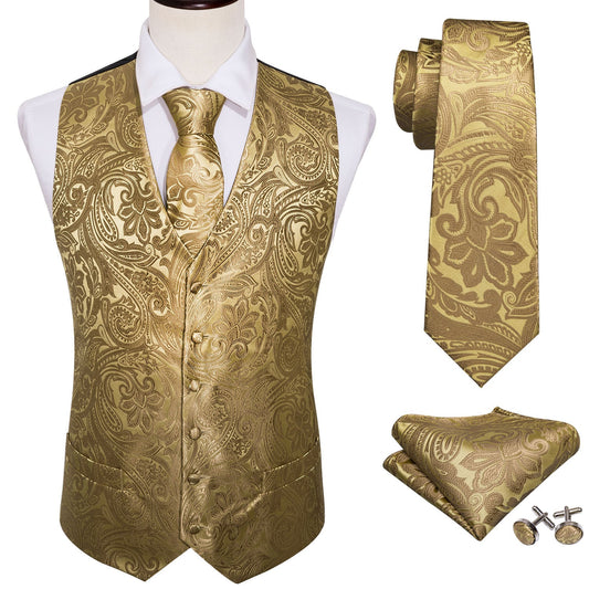 Sixsr 4PC Mens Extra Silk Vest Party Wedding Gold Paisley Solid Floral Waistcoat Vest Pocket Square Tie Suit Set Barry.Wang BM-2017