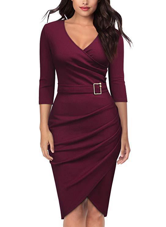 Sexy Women's Party Dress Solid Color Knee Length Half Sleeve V-Neck Dress Skinny Bag Hip Dress Office Short Pencil Dress