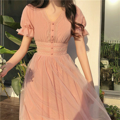 Sixsr New Summer Mesh Dress Female V-neck Short Puff Sleeve A-line Women Dress Slim Korean Style Mesh Elegant Vintage Vestidos