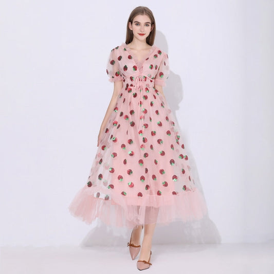 Maxi Dresses For Women Summer Strawberry Dress Plus Size Mesh Robe Sexy Party Club Elegant Female Casual Dresses Vestidos
