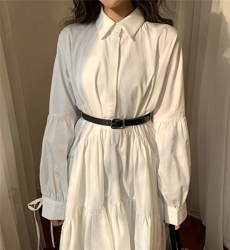 Sixsr  Women Dress Long Sleeve Spring Autumn Vintage Designer Collar Lapel Button Up Ruched Ruffles Cotton White Dresses Female Clothes