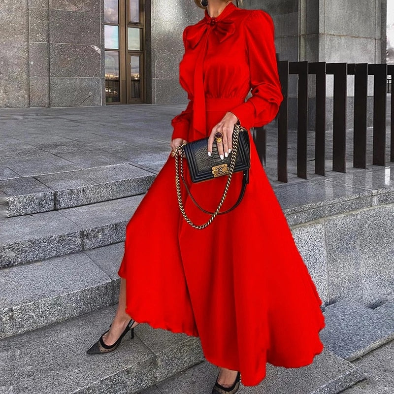 Sixsr Elegant Vintage Dresses Classy Outfits Women Fashion Spring Autumn Long Sleeve Satin Yellow Dress Chic Maxi Dress